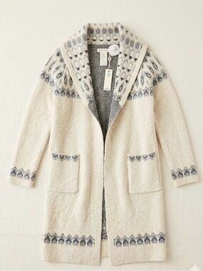 NWT Max Studio OVERSIZED Fair Isle Longline Cardigan Sweater Cream Grey XS (S/M)